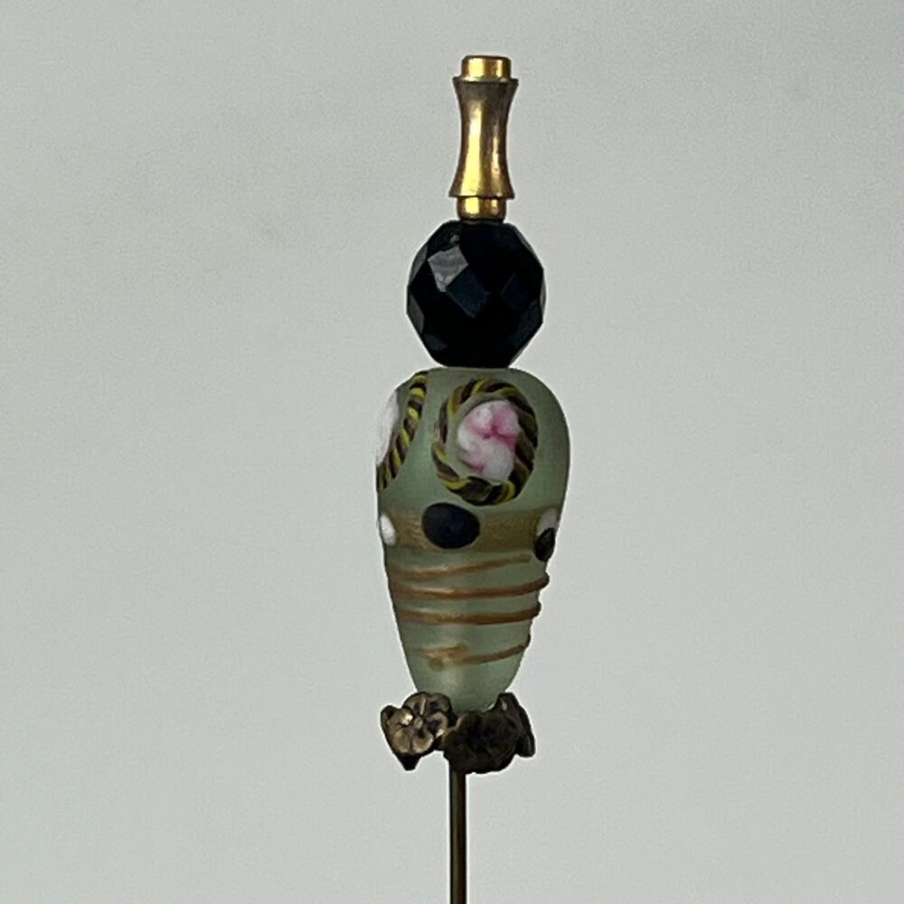 Antique 8.5in Hand Painted Glass Hat Pin Green Floral Art Nouveau Brass Base